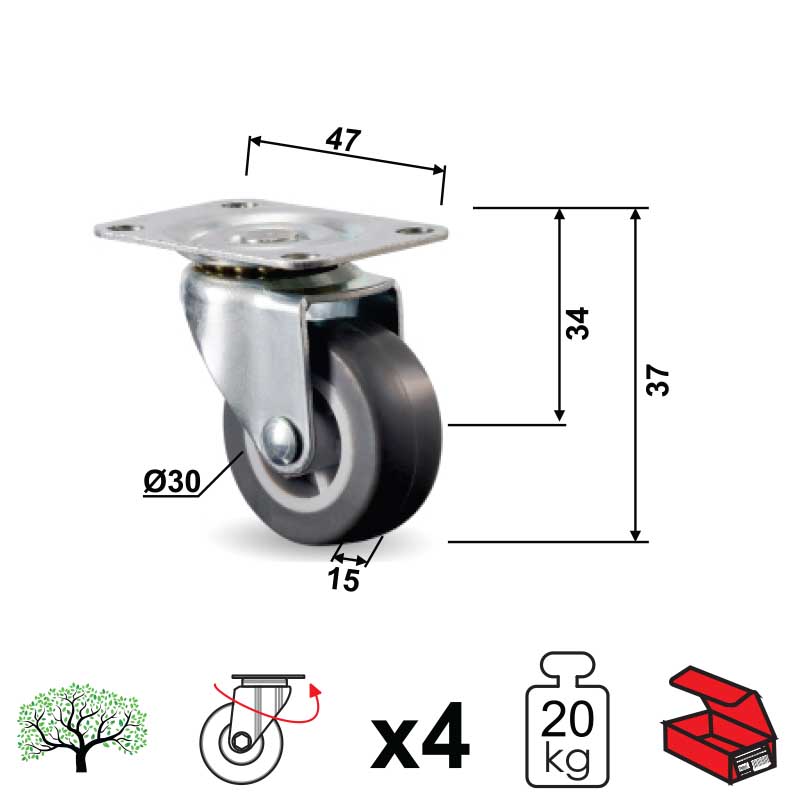 Točkić za nameštaj-rotirajući TN06 Braon 30/15/37/47x34mm (4kom) 20kg DBP1